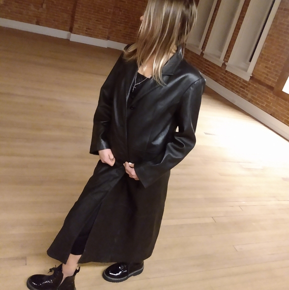 💯 black leather duster ankle length long winter jacket with liner - Picture 1 of 7